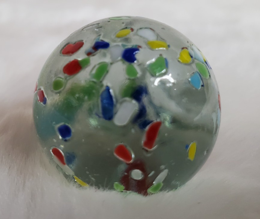 1″ Vintage confetti shooter marble – clear glass w/ multi colors on surface