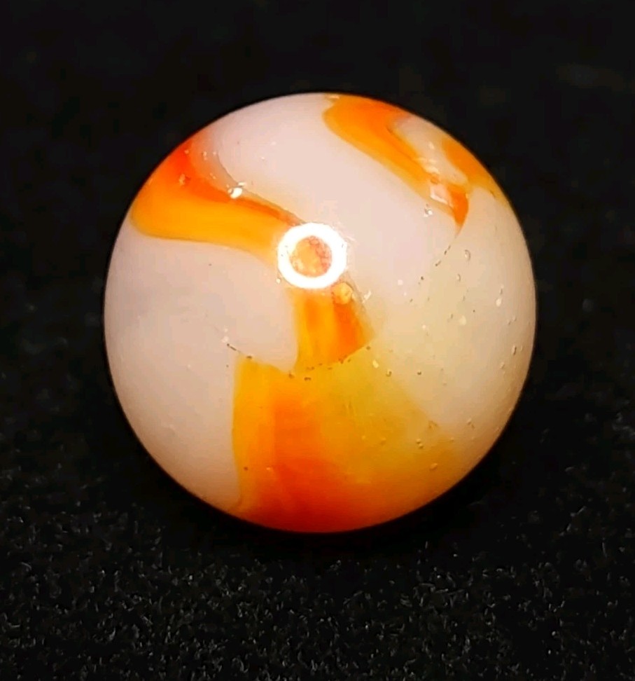 Yellow & Orange & Wh. Bubbly ClearBase Peltier Rainbo Glass VINTAGE Marble .64″