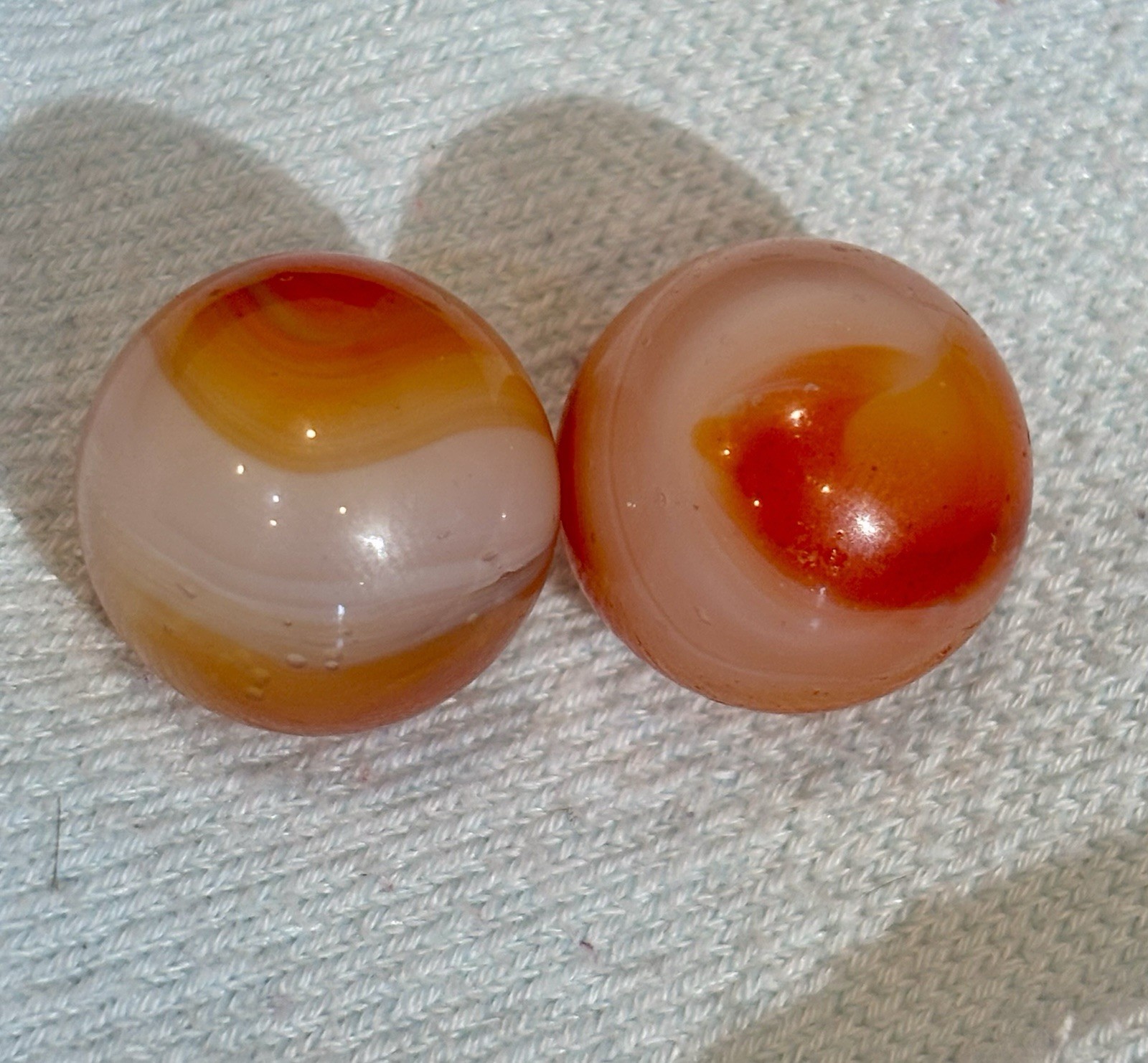 PAIR (2) Vintage Akro Agate Corkscrew Marbles Tri Color Orange White Red 0.72”