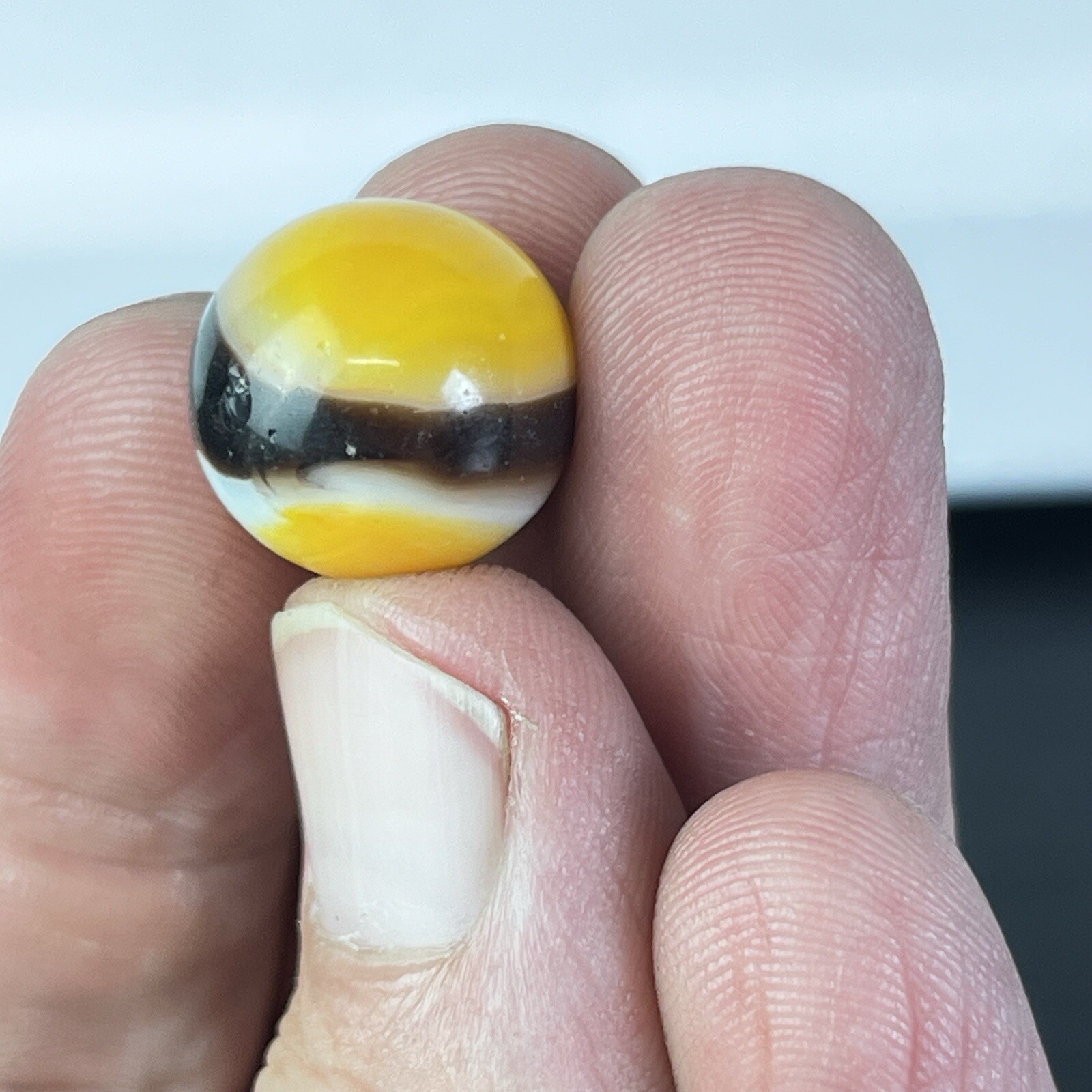 Vintage Akro Agate Peltier Art Swirl Glass Marble .63” Orange Black White