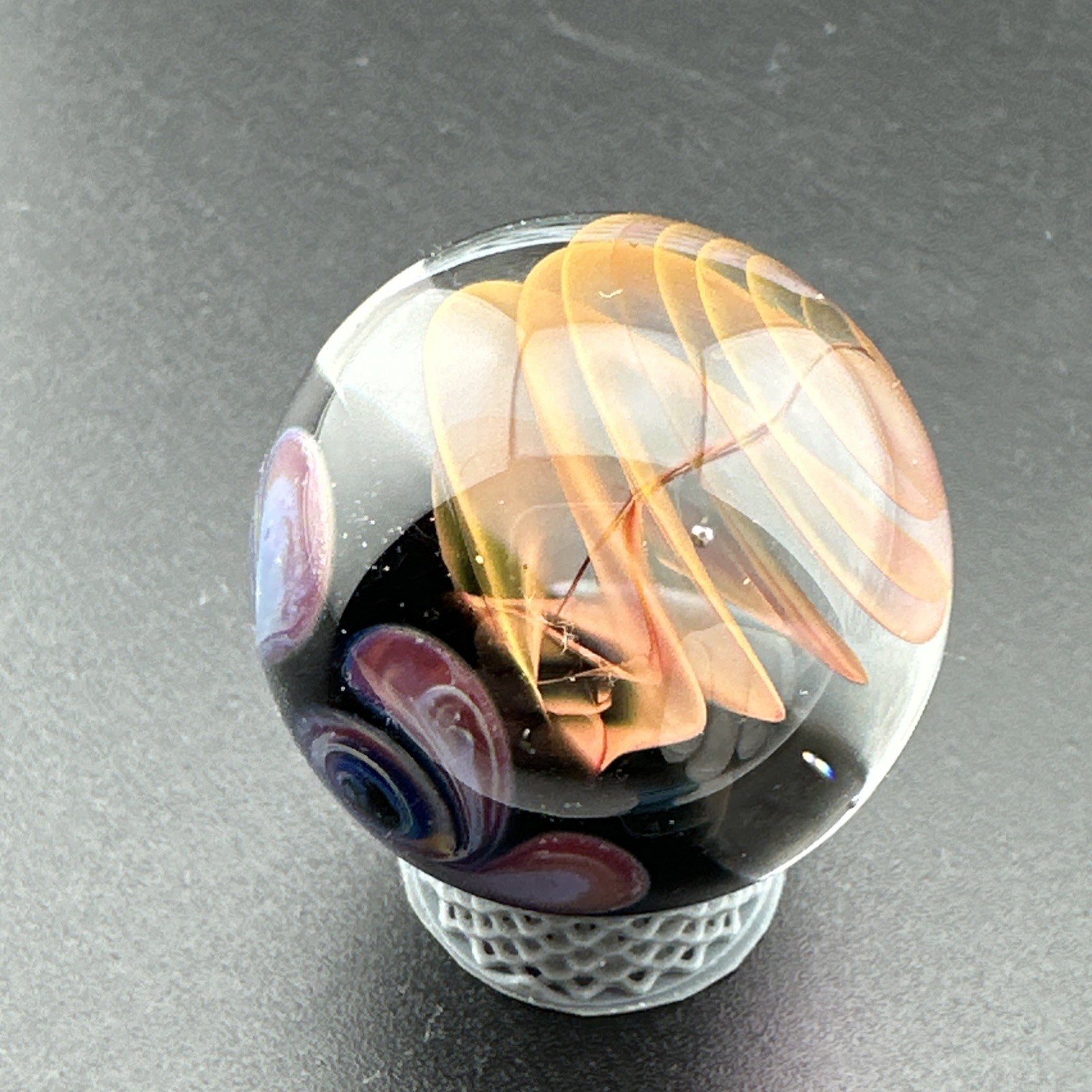 Contemporary Handmade Art Glass Marble 1.12″ Fume Twist Swirl, Orange Gold Hues