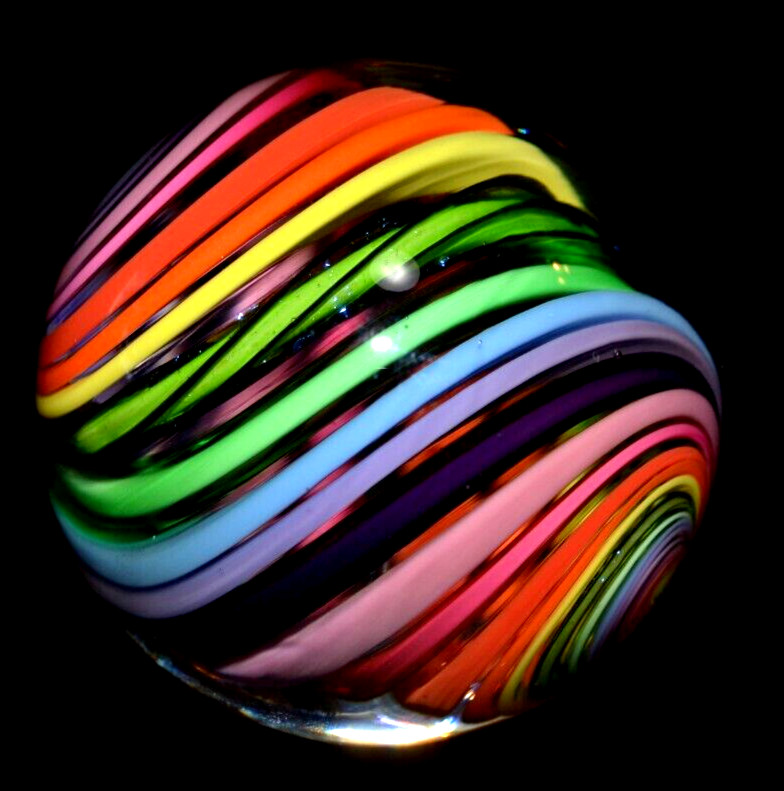 EDDIE SEESE GLASS MARBLE/1.829″-FILIGRANA JOSEPH’S COAT RAINBOW DT-GREEN,TURQ.+