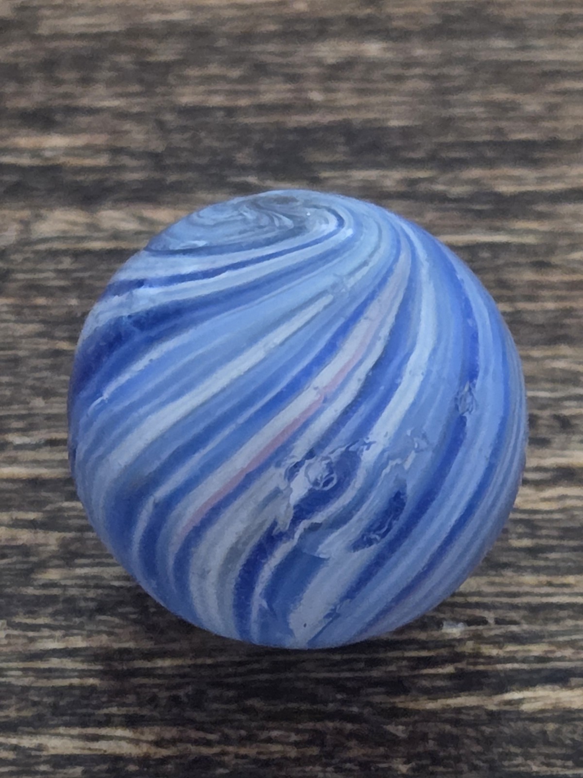 Vintage Handmade .82″ German Blue Onionskin Marble White Aysmmetric Pink Streak
