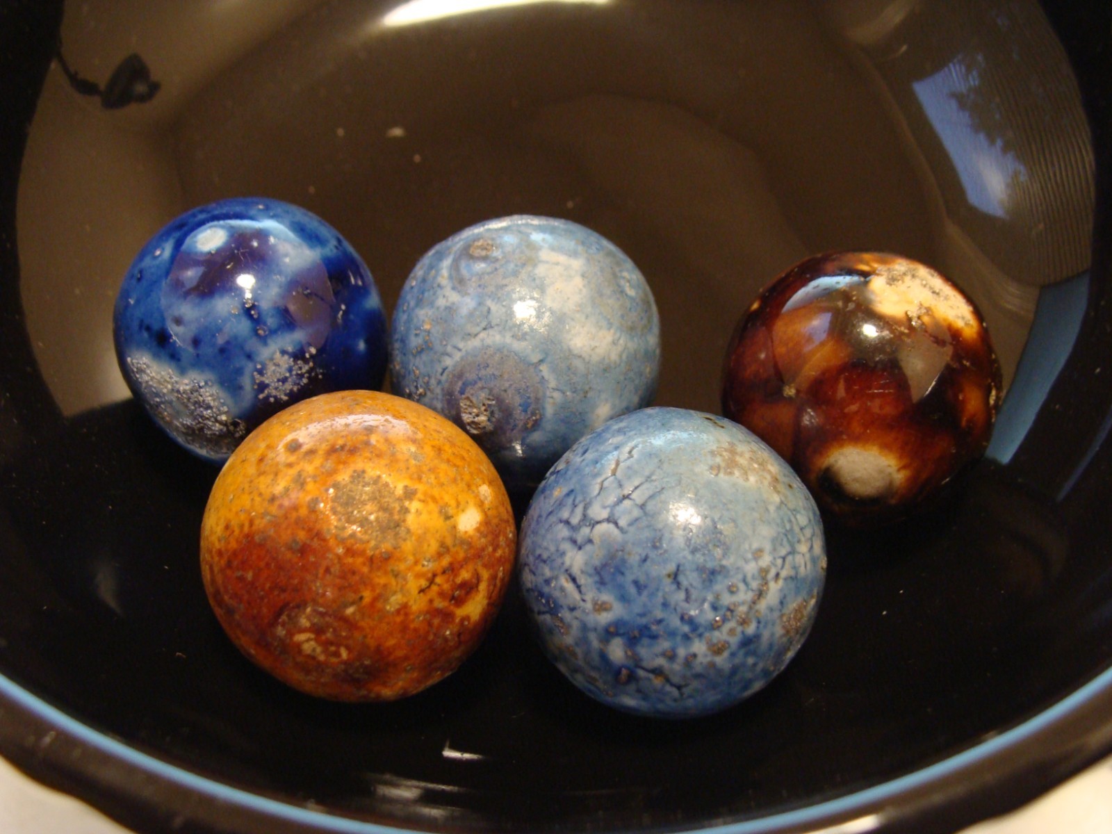 5 Marbles Antique Vintage German Handmade Huge Bennington Shooters Brown Blue