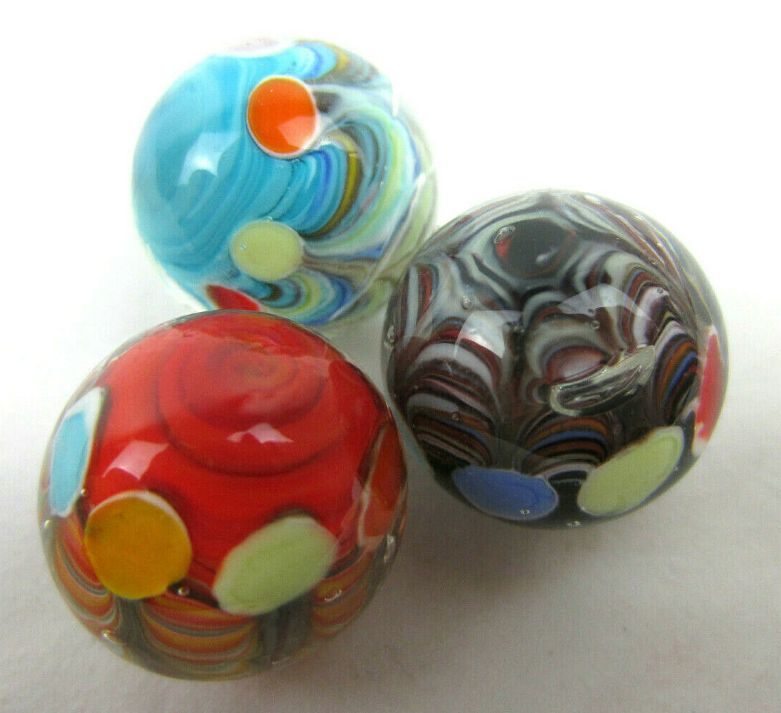3 BIG TOP 16mm Handmade Art Glass Blue Red Spots/Dots Marbles