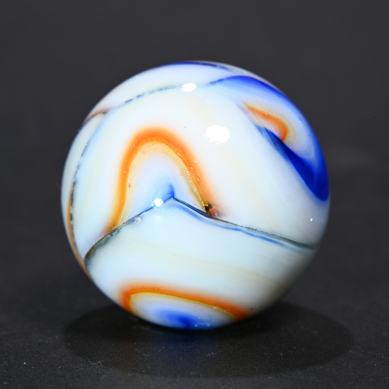 Large Veiligglas Opaque Vintage Marble Abstract Orange Blue 1950’s 23.2mm 29/32