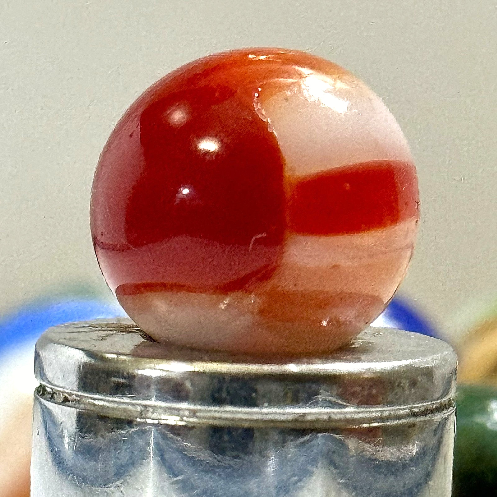 MINT .25″ Vitro Agate Candy Stripe Marble — Red over Uranium White — UV Glow