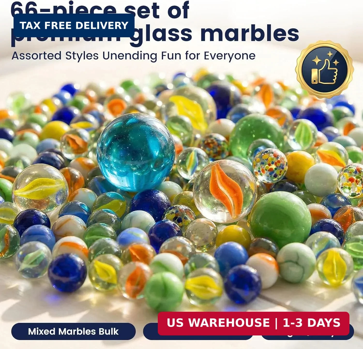 SallyFashion 66PCS Glass Marbles for Kids, 3 Sizes Assorted Size Colored Bulk Ma
