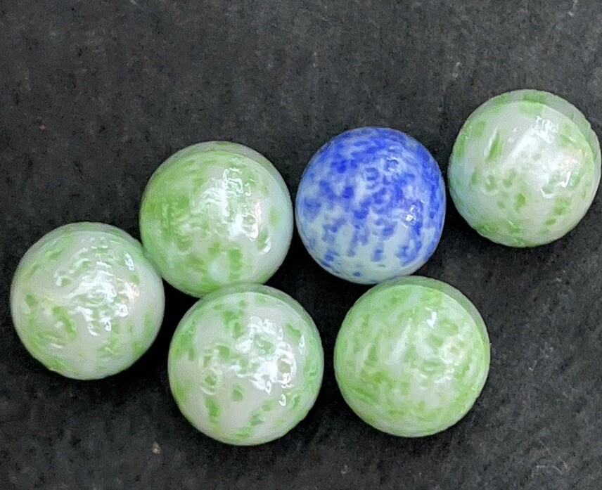 Vintage Speckled Six Marble Lot (6-Pieces) Green W/ A Blue