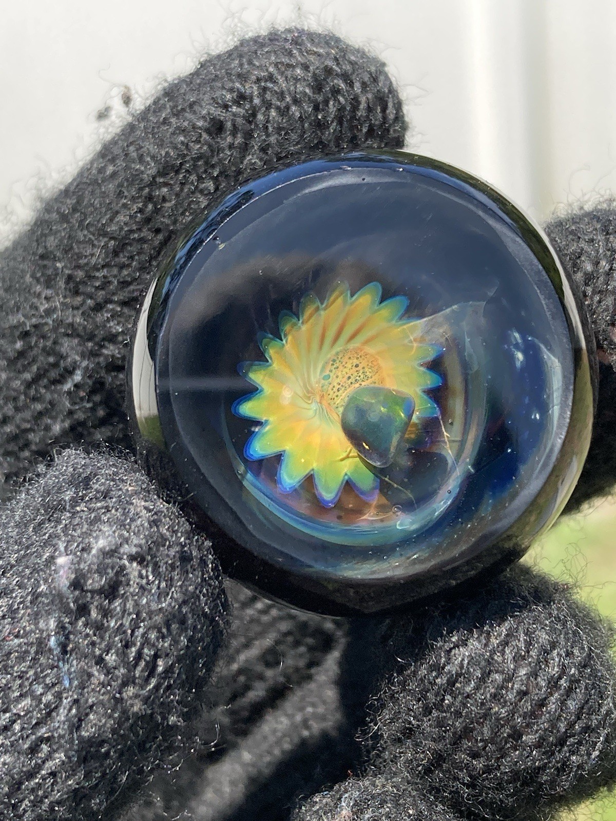 Glass Boro Space Marble 33mm W/ Opal Stone Hand Made Art W/ Faceted ￼Sculpture