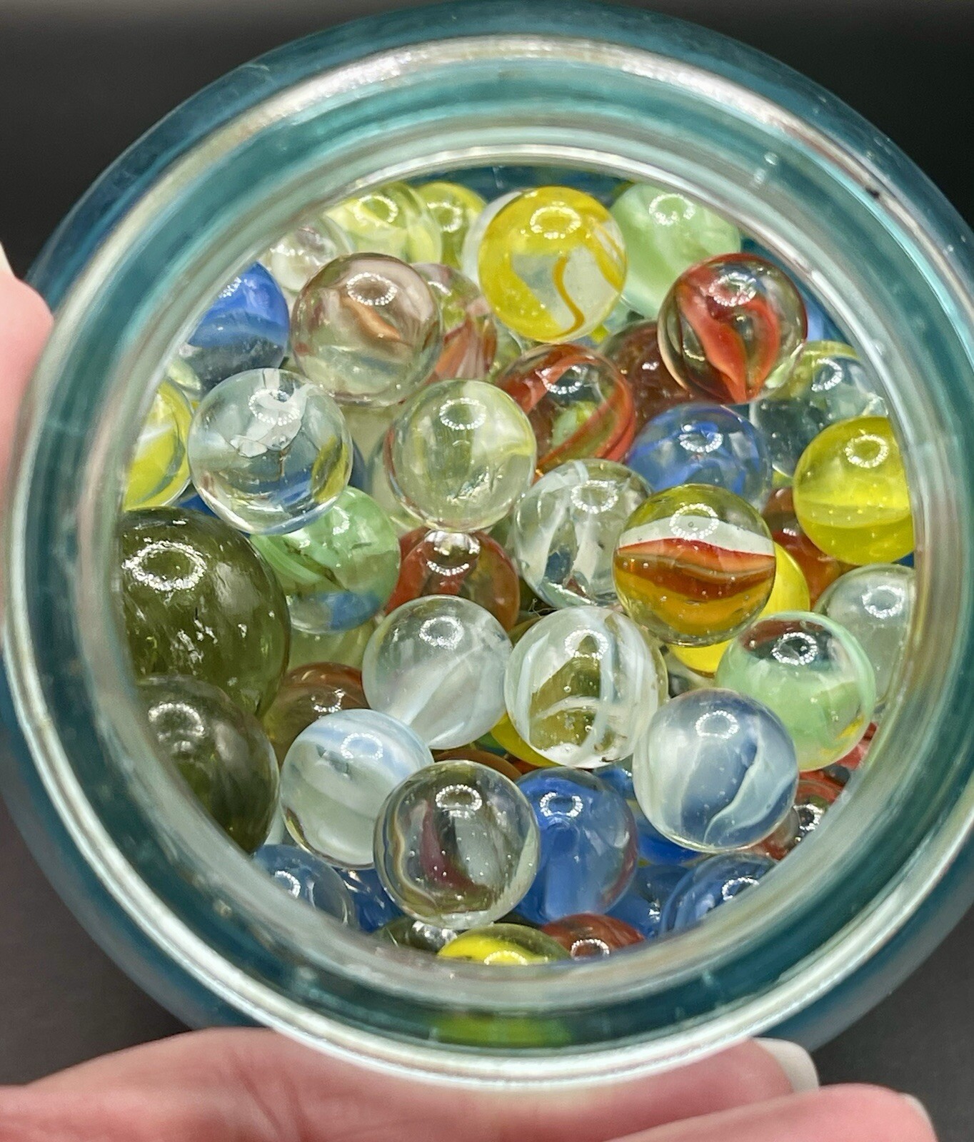 Vintage MARBLES QUART JAR of OLD GLASS MARBLES about 4 Pounds, 172 Marbles
