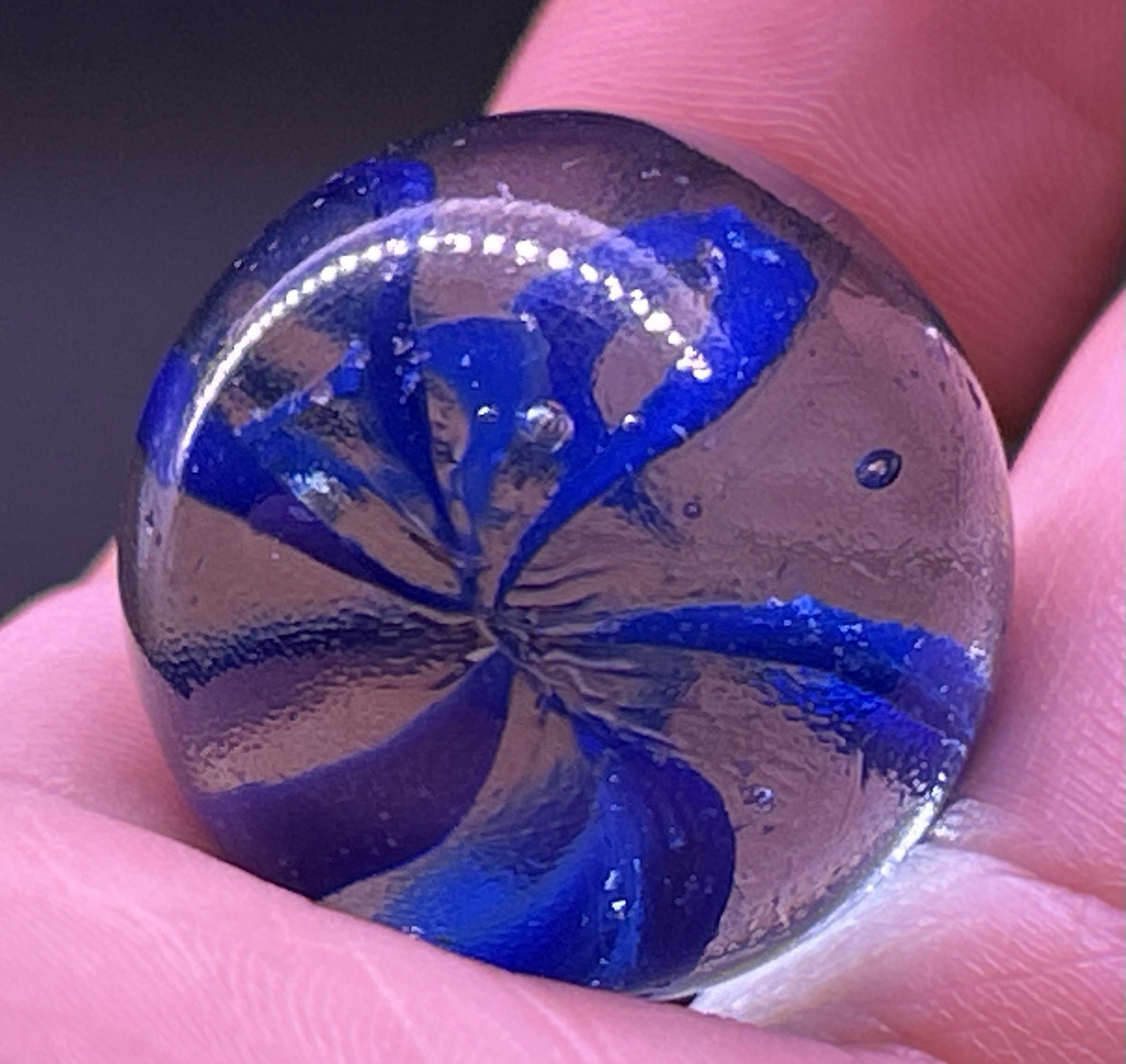 Vintage Deep Blue 7 Vein Caged Cats Eye Shooter 0.96” Marble Near Mint