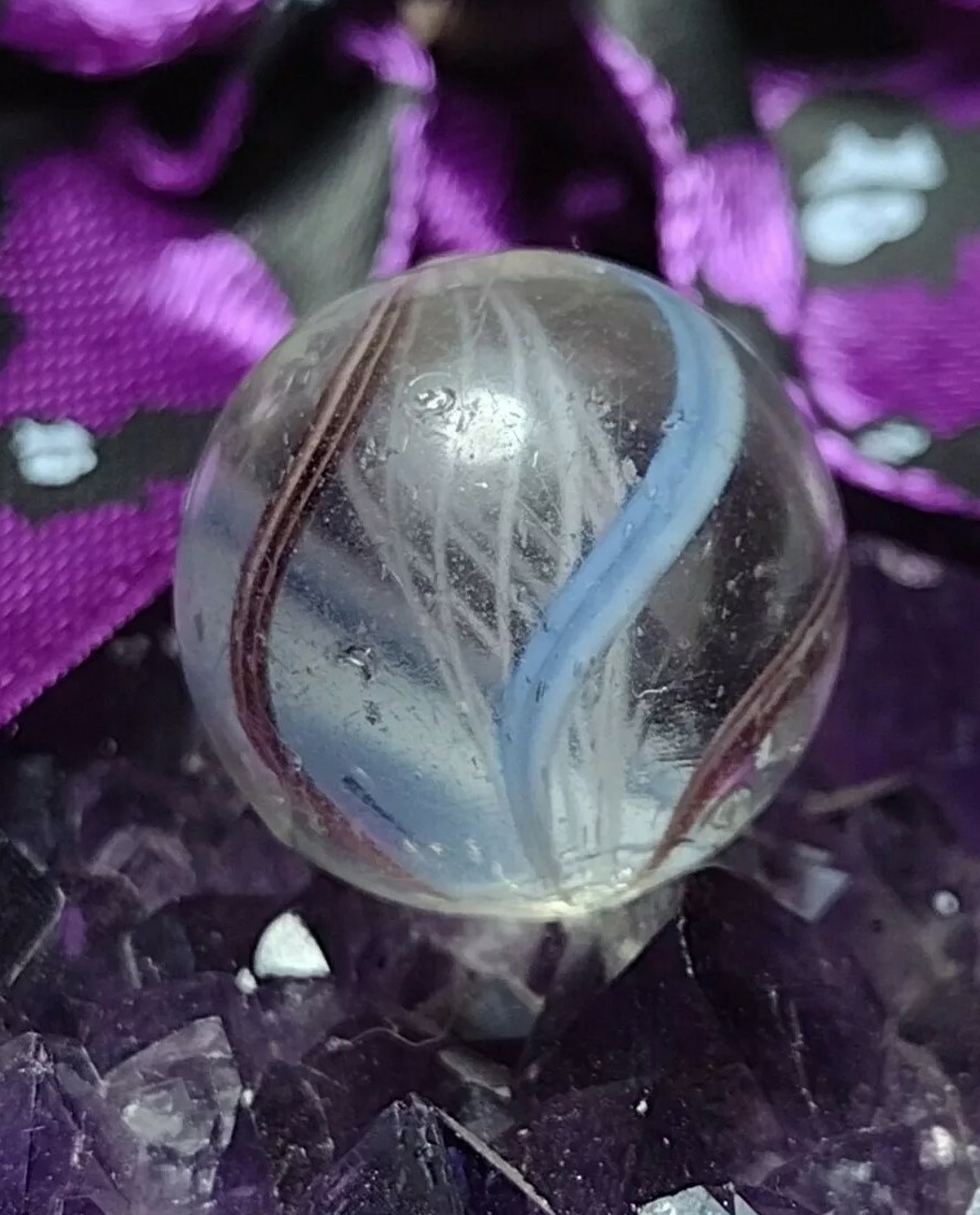 CHARMING PURPLE 💎 White LATTICINIO Net SWIRL Play GERMAN Glass Marbles .67″