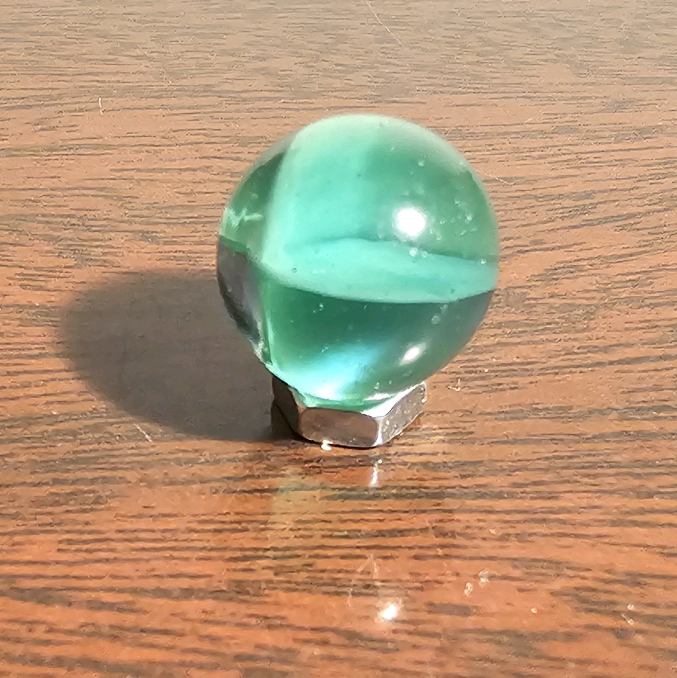 C E Bogard Floppy Green Uranium Glow 4 Lobe Cats Eye Clear Glass .625 Marble
