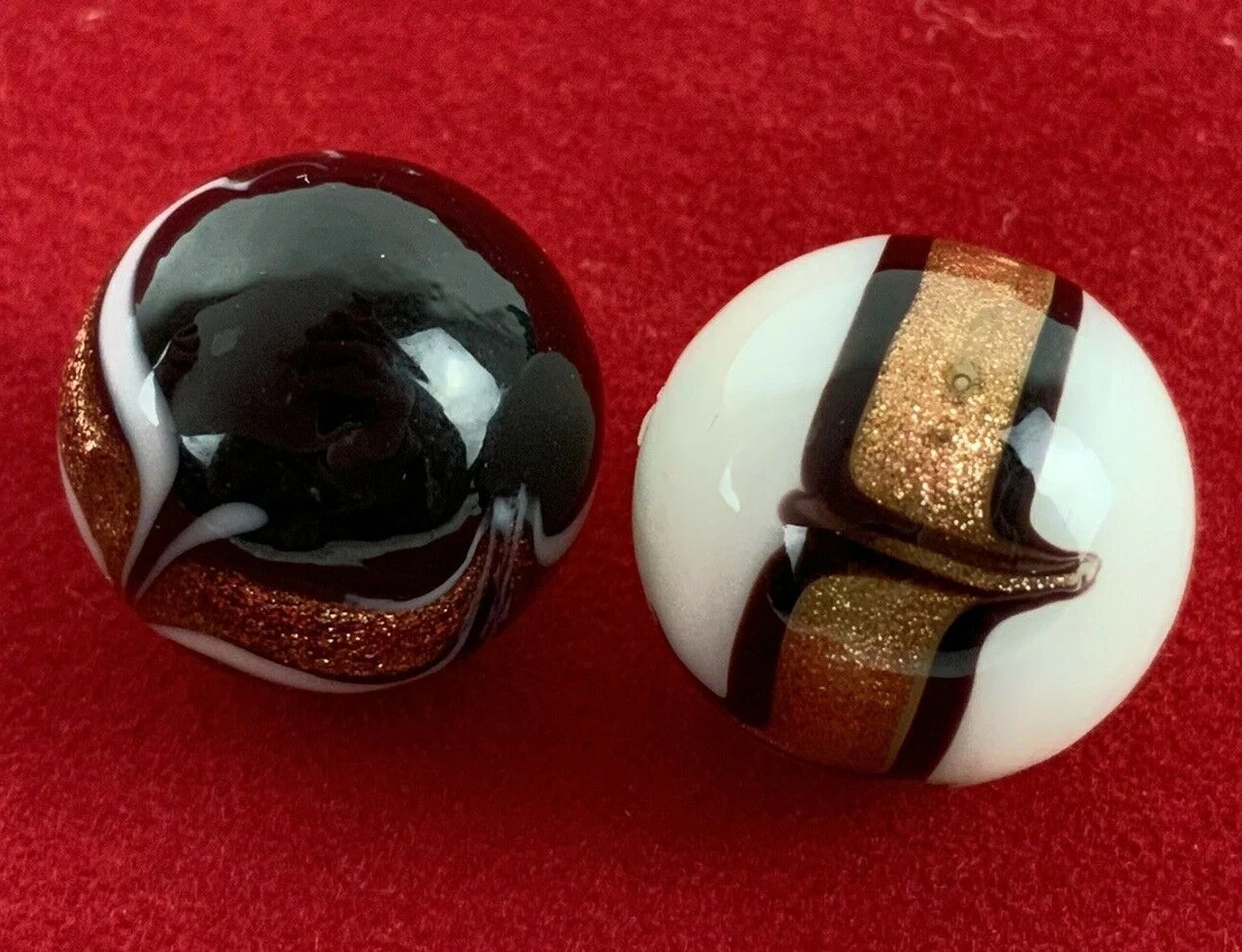 2 INSIGNIA 16mm Handmade Art Glass Black Banded Gold Lutz White Marbles + Stands