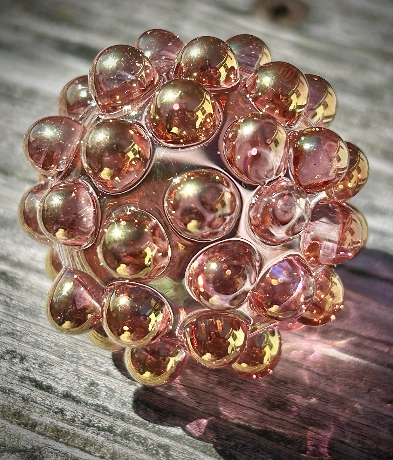 Hand Blown Gold Silver Fume Hobnail Marble Art Glass Paperweight Contemporary