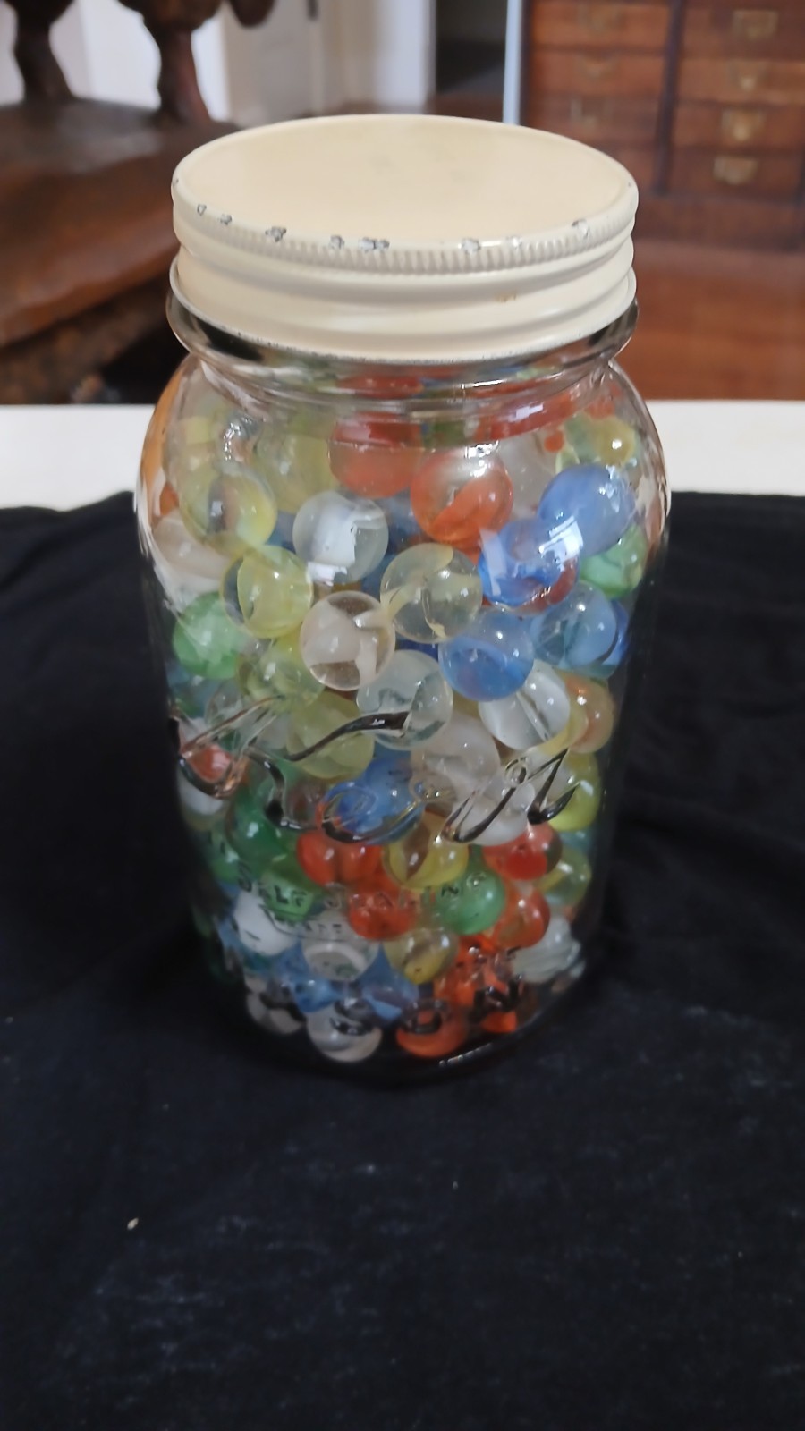 Mason Jar full of Vintage Cat’s Eye Swirl Marbles 200