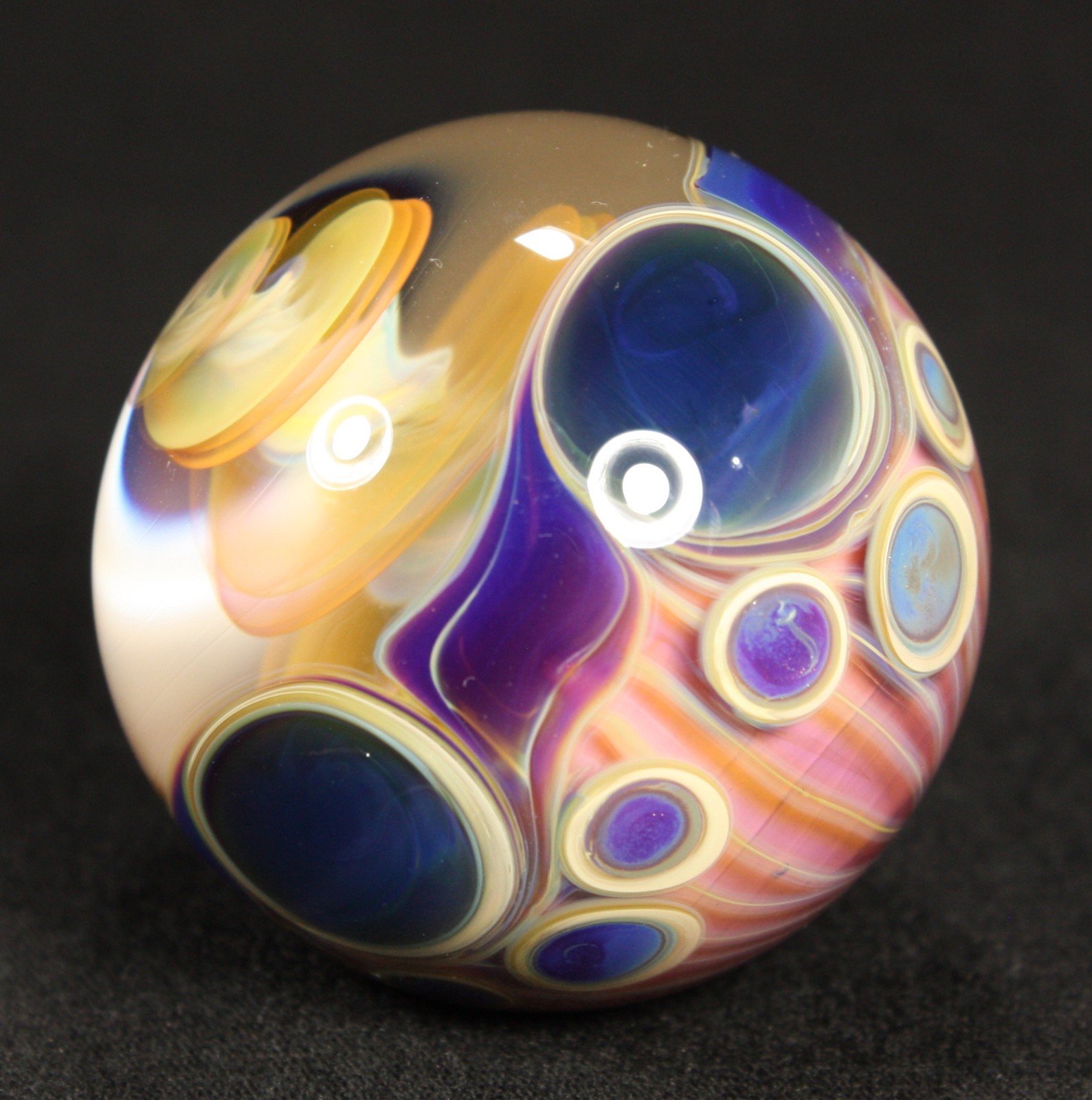 Juba Glass Handmade Marble 1.50″ Boro Lampwork Art 24K Gold and Silver Fume Pink
