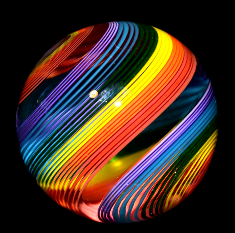 JOHN GIBBONS GLASS MARBLE/1.853″-GREEN LUTZ,RED,ORANGE,MAGENTA,YELLOW,TURQ+