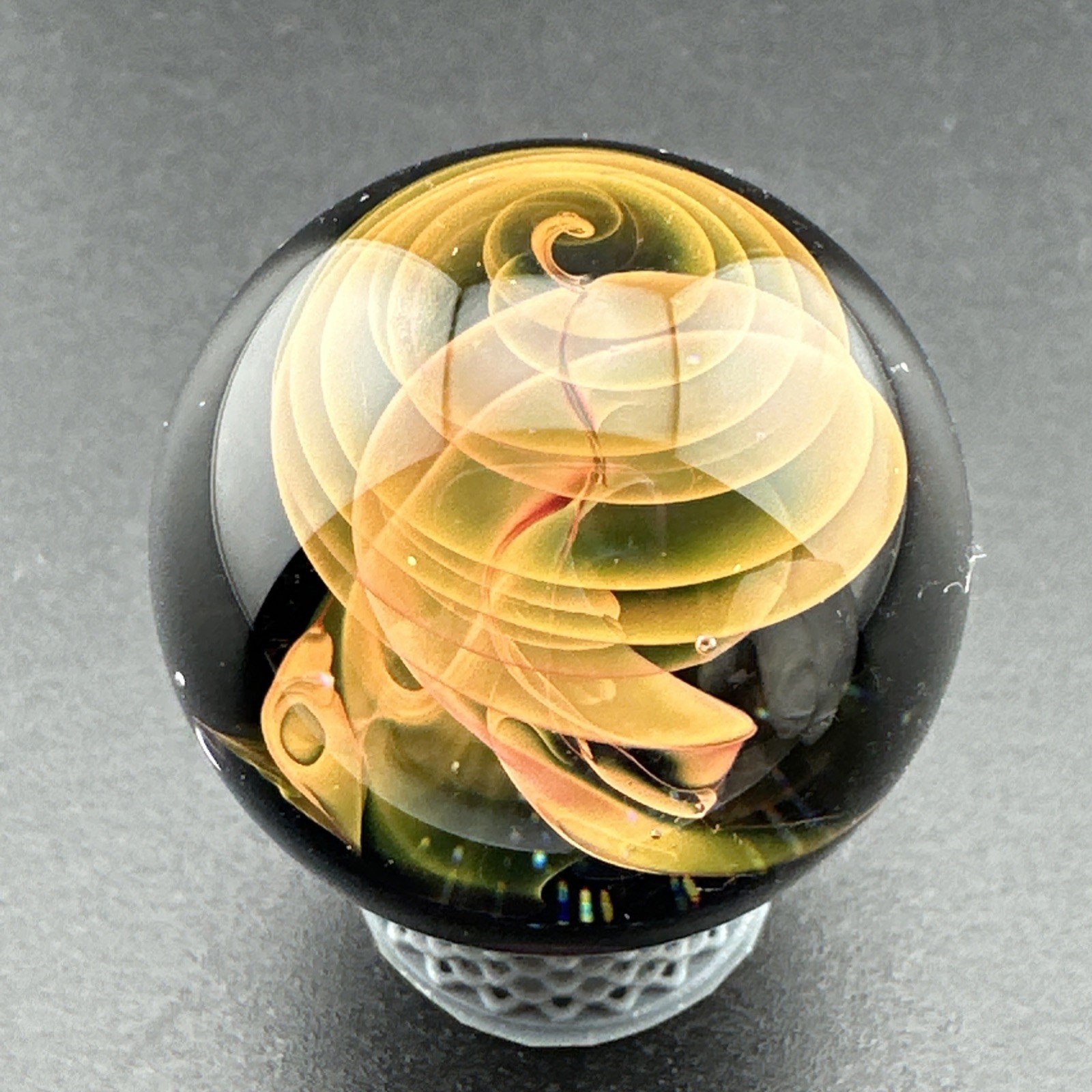 Contemporary Handmade Art Glass Marble 1.12″ Fume Twist Swirl, Orange Gold Hues