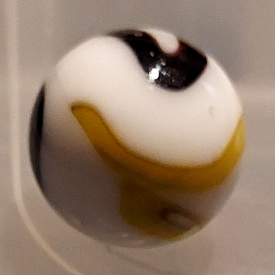 White Glass Toy Marble – Black & Yellow Swirl, Machine Made, Ages 4-11