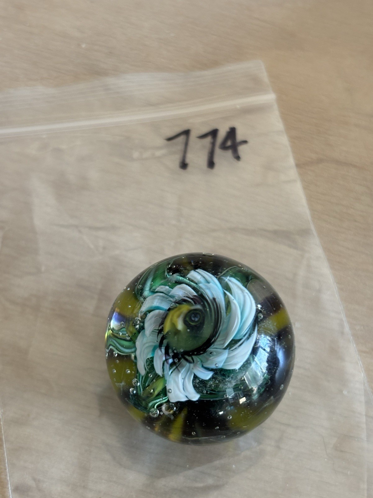 handmade art glass marble “Tiny Frog Incognito”” By Sara Sally LaGrand