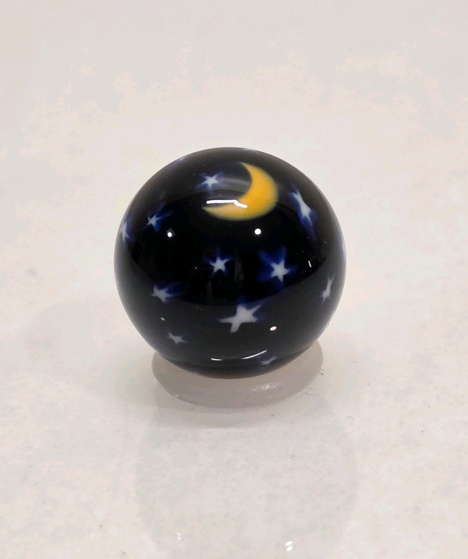 David Salazar Art Glass Marble Moon And Stars Blue Yellow 0.97″