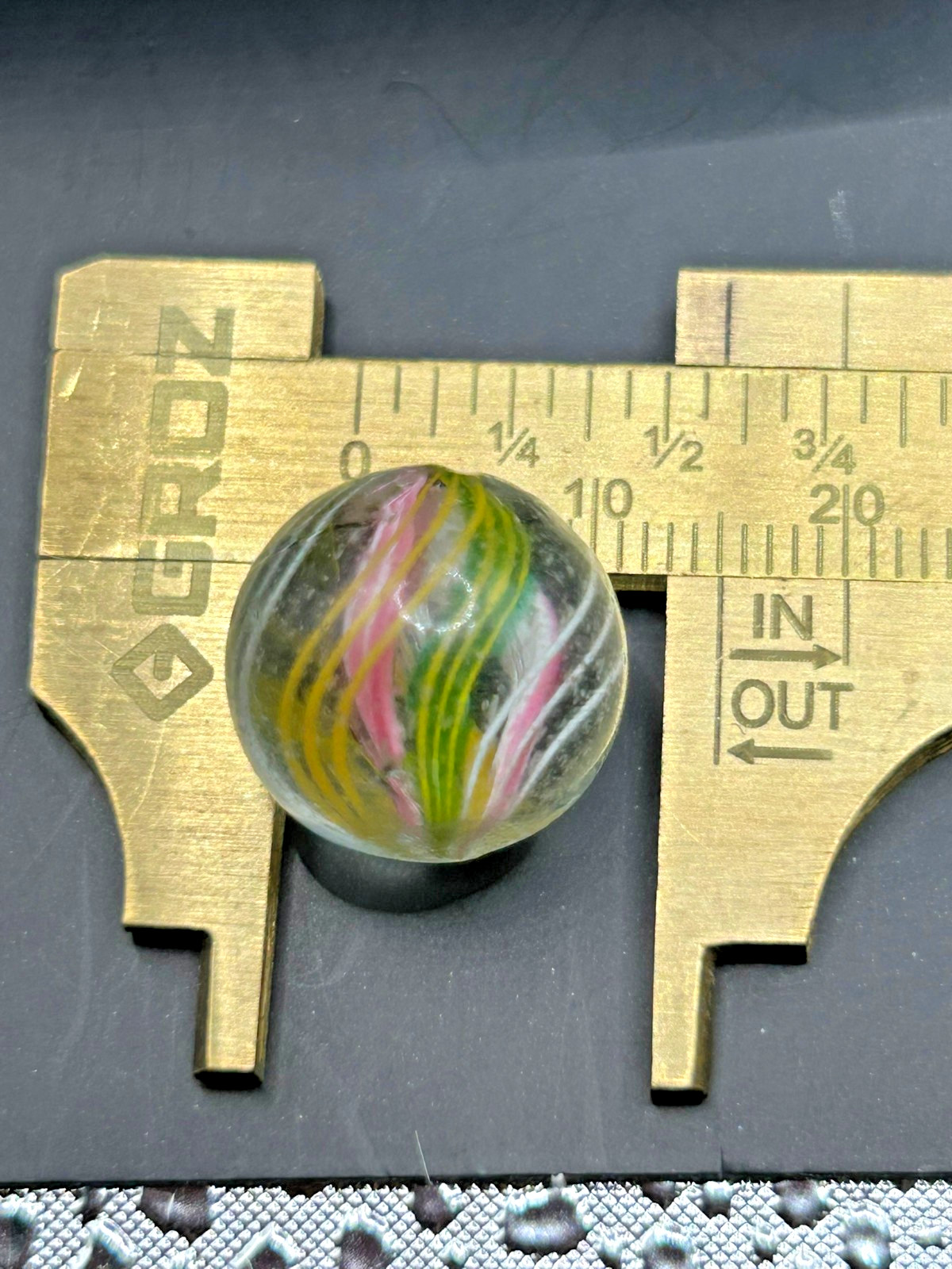 German Divided Core Latticino Swirl Marble 19/32″ NM+ Pink Yellow Green E1.29