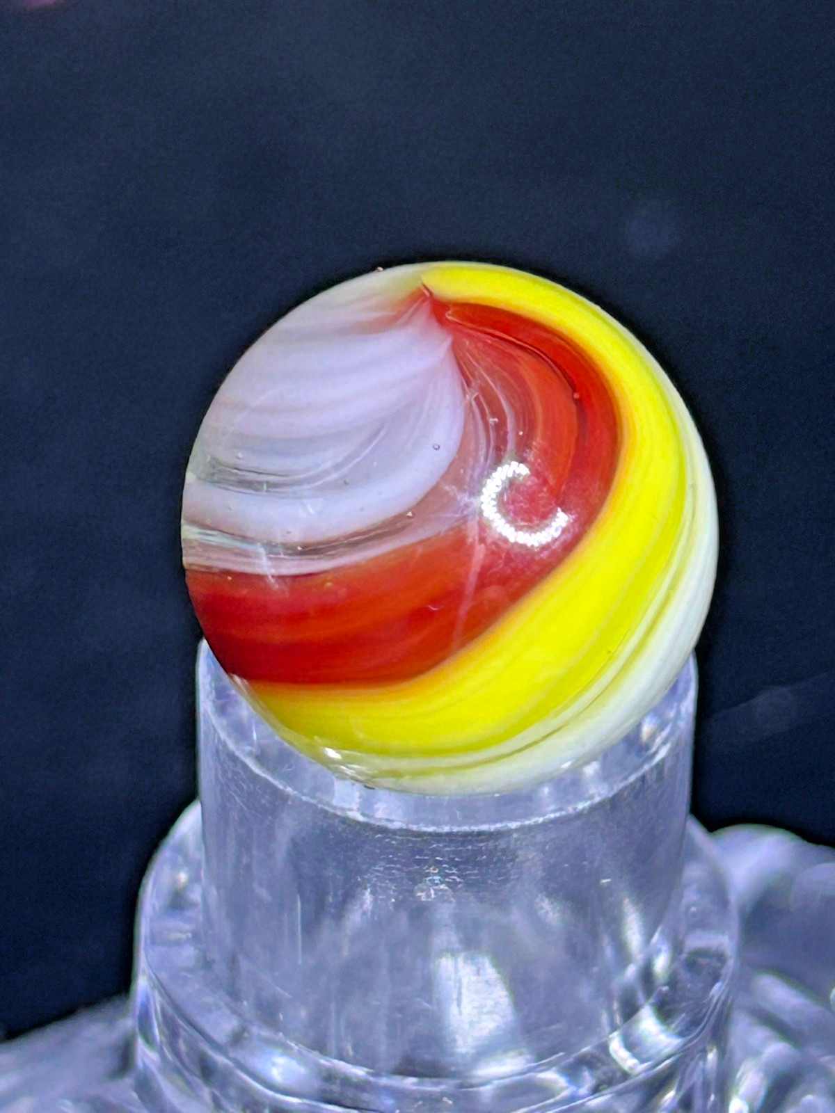 Vintage Akro Agate Popeye Marble, Red/Yellow/White, UV+, .62″, Wet Mint, AP9