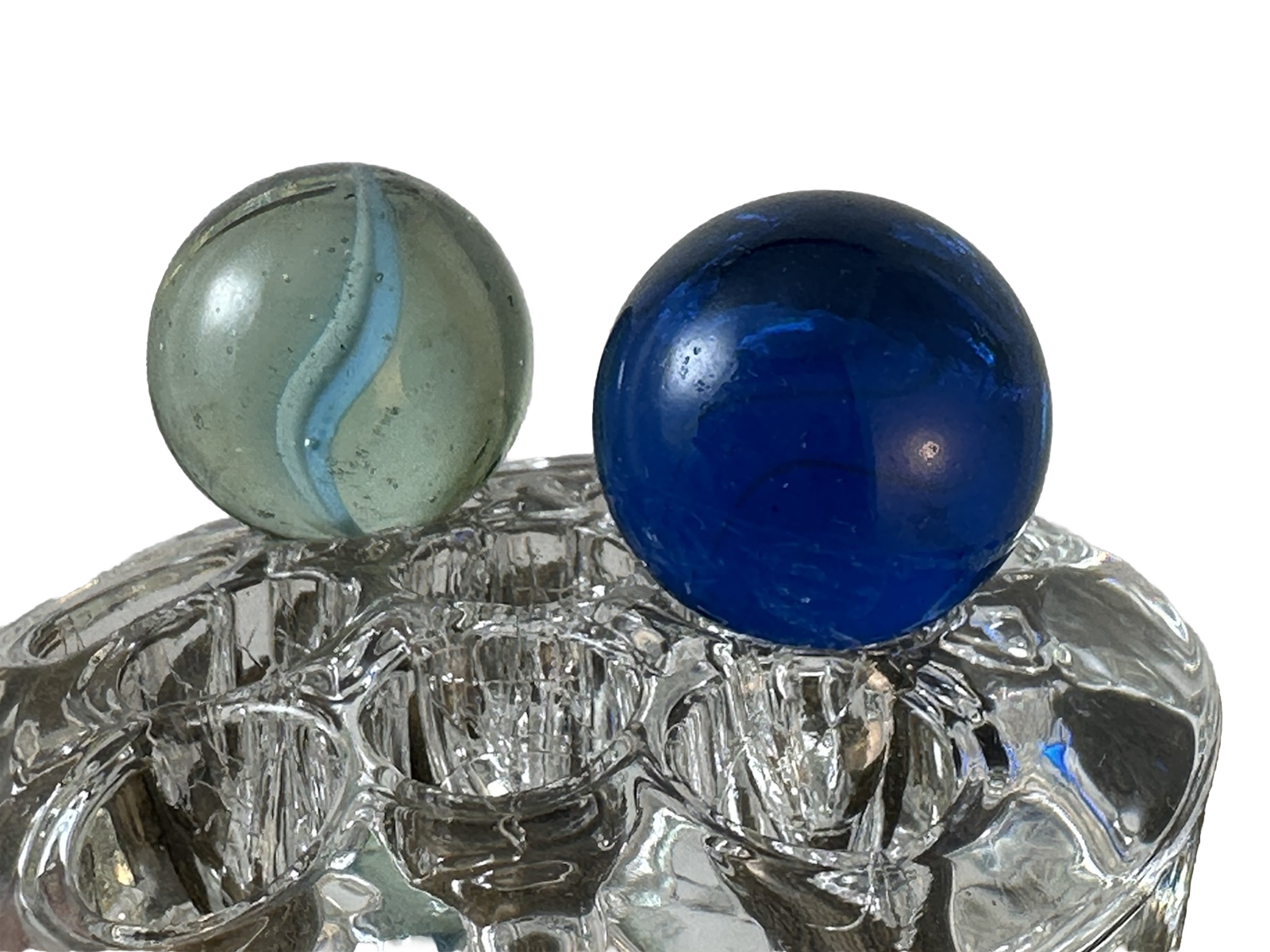 2 MARBLES BLUE GLASS 37/64 & CATS EYE BABY BLUE & WHITE RIBBON + BLACK 77/128