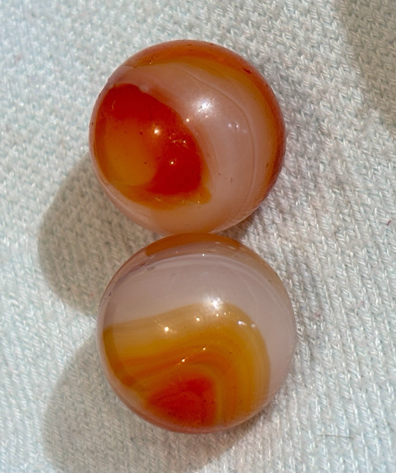 PAIR (2) Vintage Akro Agate Corkscrew Marbles Tri Color Orange White Red 0.72”