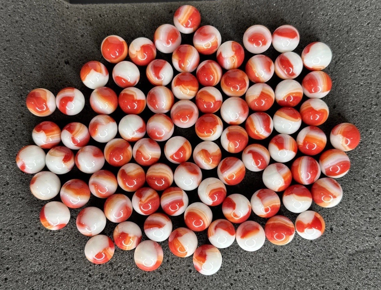 Lot of 80 Marble King Red Orange White Marbles .58″-.62″ Size Range