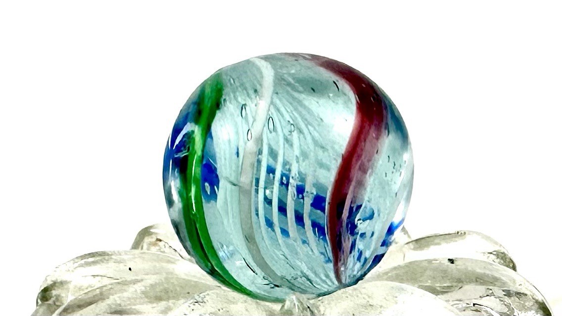 German Handmade White Caged Latticino Marble – Approx 16mm Green Blue Red