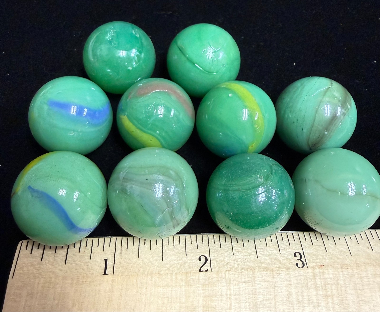 Vintage Glass Marbles Green, 24mm, 1 inch Approximately, Set of 10