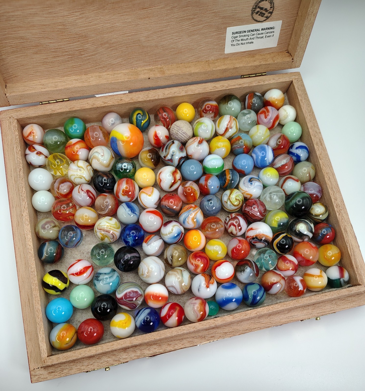 Cigar Box Full of Vintage Mixed Marbles Great variety all MINT