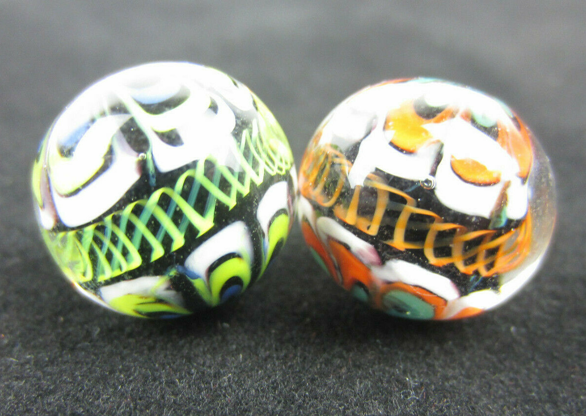 2 RINKY-DINK 16mm Handmade Art Glass Orange Blue Green Lattice Design Marbles