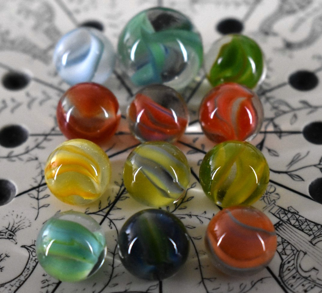 Vintage Vitro Agate 4 Vein Hybrid Cats Eye Marbles x11 Multi Color + Shooter .87