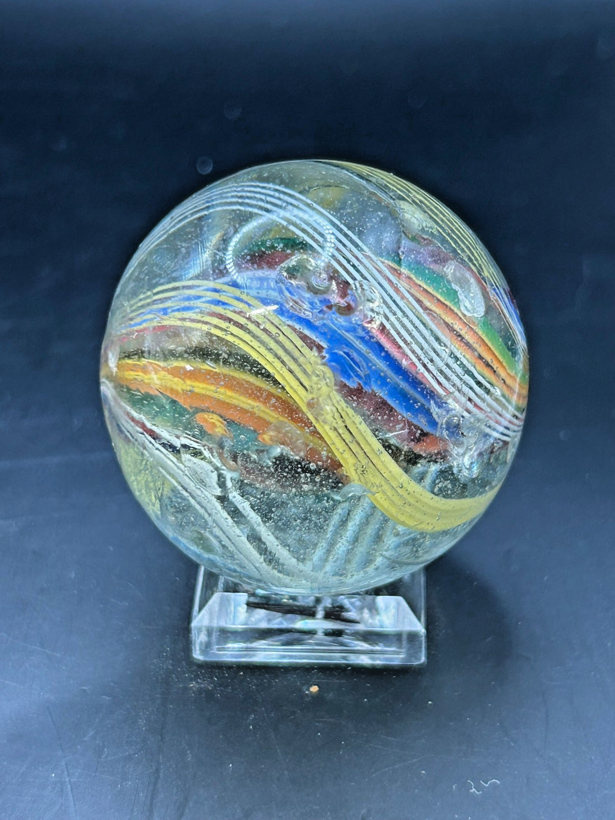 Antique German Divided Core Yellow White Latticino Marble 1 9/16″ NM- E3.2