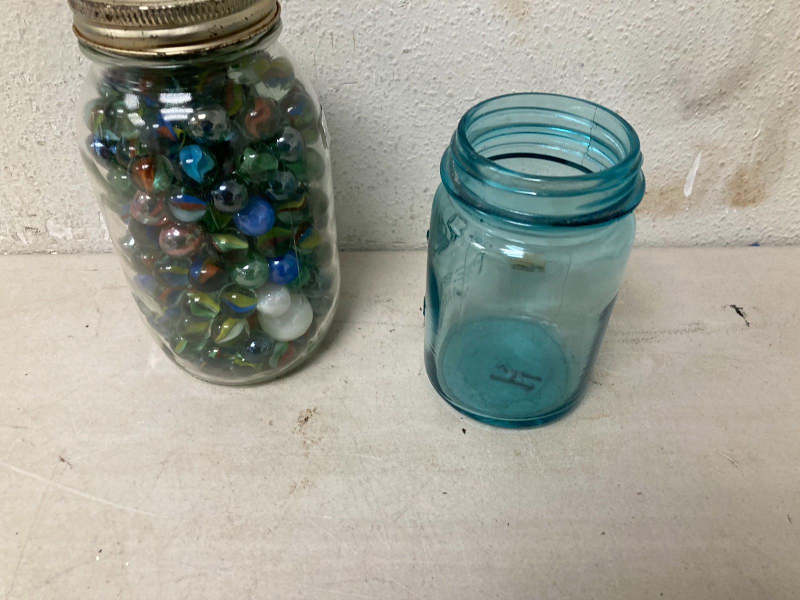 Lot of 2 Vintage Aqua Ball Pint Jars Full of Marbles 16 oz Collectible