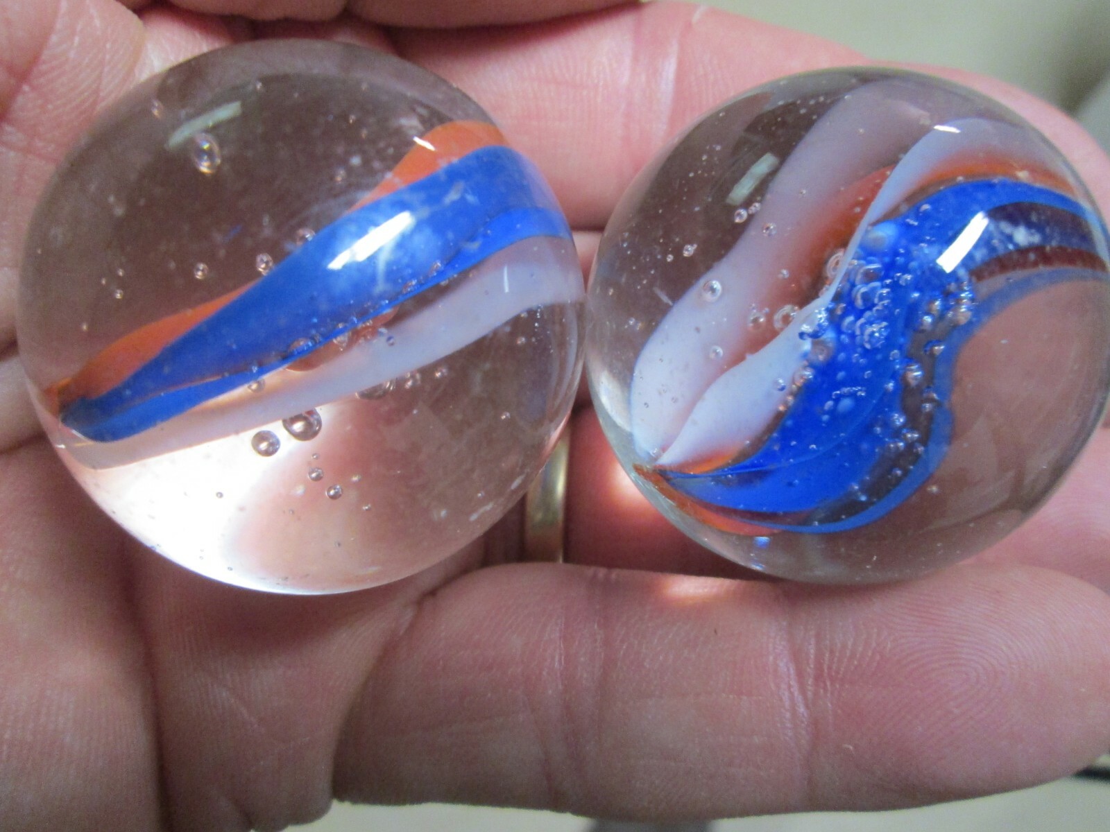 2 BOULDER 1 3/8 INCH 35MM RED WHITE BLUE CATSEYE BY MEGA MARBLES