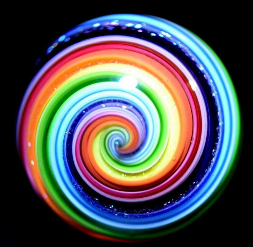 EDDIE SEESE GLASS MARBLE/1.783″-DICHROIC RAINBOW JOSEPH’S COAT-AVOCADO,LILAC,RED