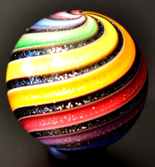HOT HOUSE GLASS MARBLE/1.480″-RAINBOW & BLACK DICHROIC-YELLOW,LIME,BLUE,RED+