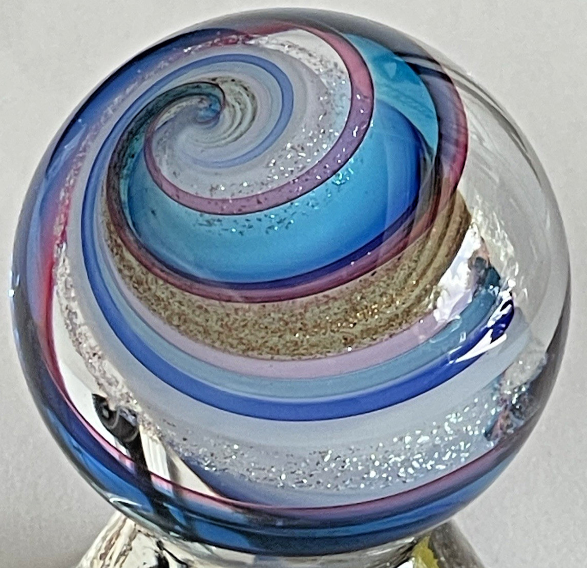 2017 EDDIE SEESE MARBLE HANDMADE GLASS ART 1.45″ DICHROIC SWIRL GOLD SILVER LUTZ