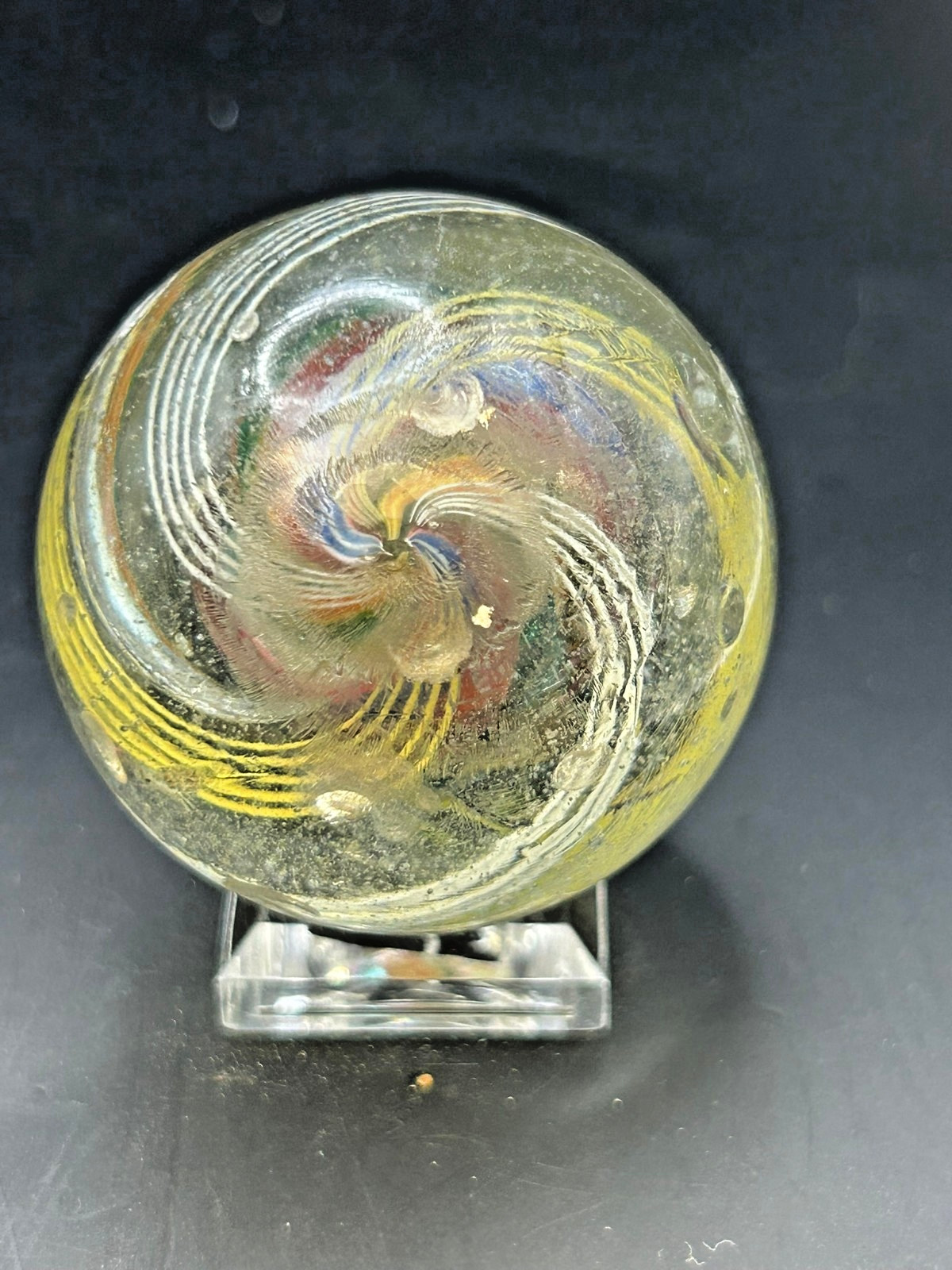 Antique German Divided Core Yellow White Latticino Marble 1 9/16″ NM- E3.2