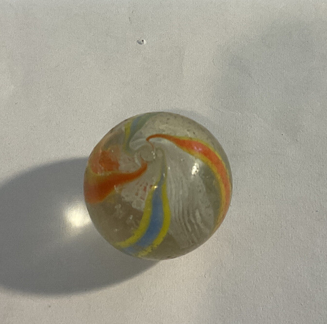 Vintage White Latticino Caged Swirl Marble Blue Orange Yellow Shooter 7/8″