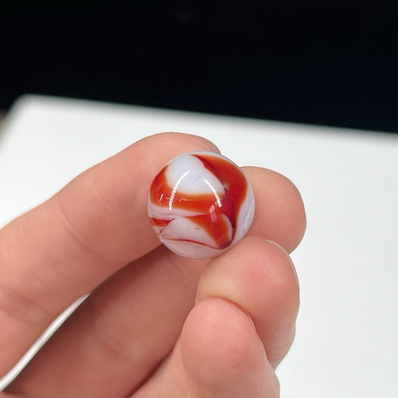 Vtg Glass Swirl Marble Akro Agate Peltier Vitro .6” Orange Red White
