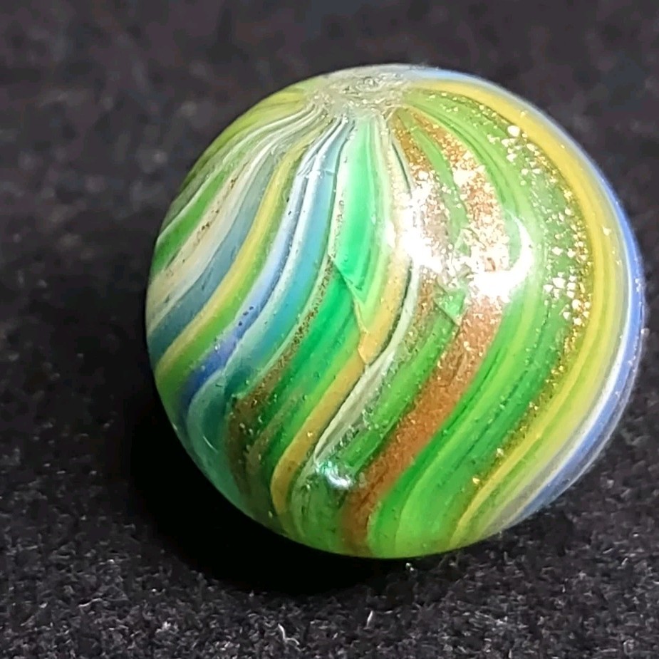 HTF ✨ .65″ GOLD LUTZ Onionskin Swirl Handmade Antique Glass Toy German Marble