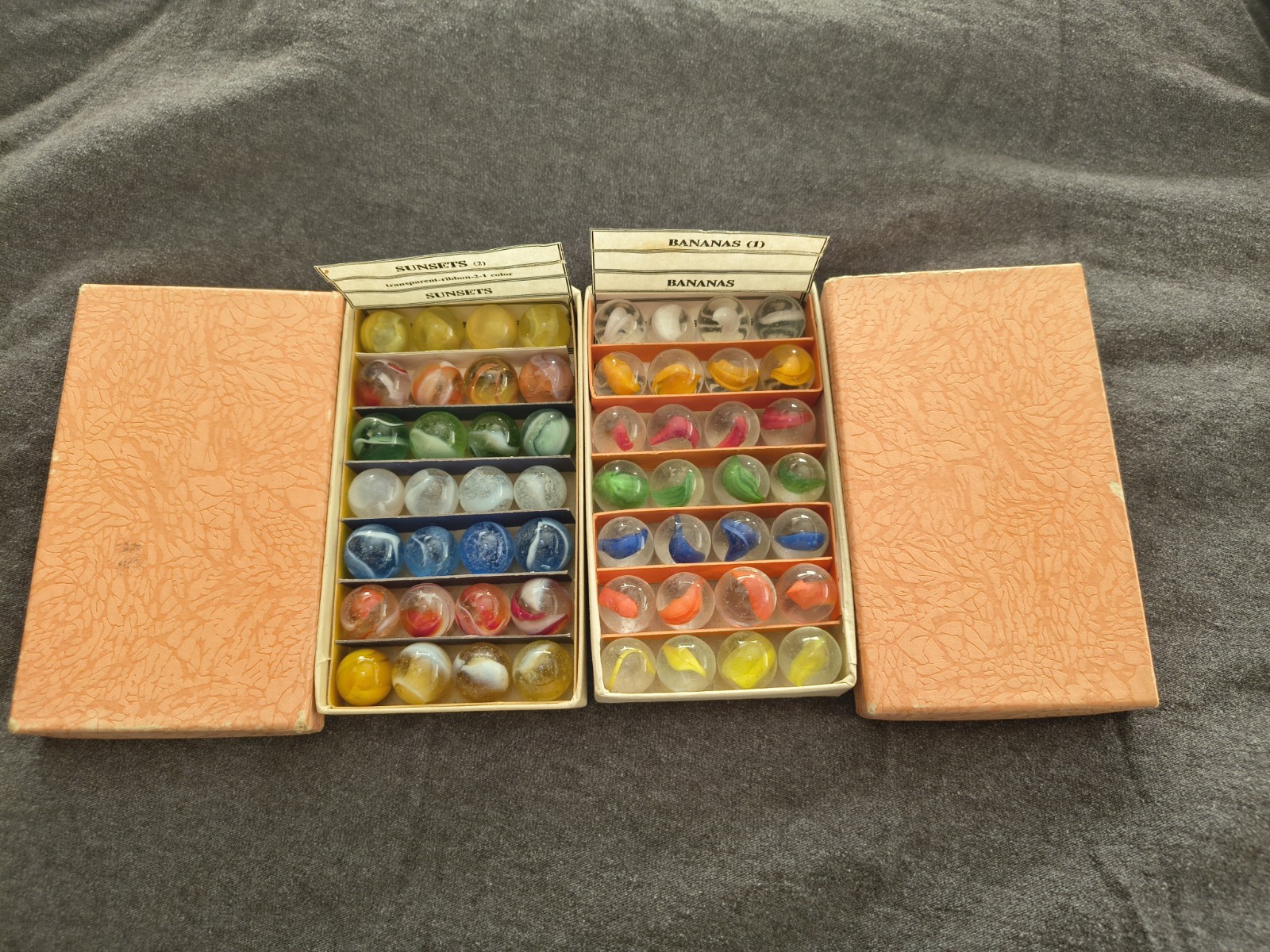 Two Rare Original Peltier Glass Co. Jobber Box Sets Rainbo And Banana Marbles