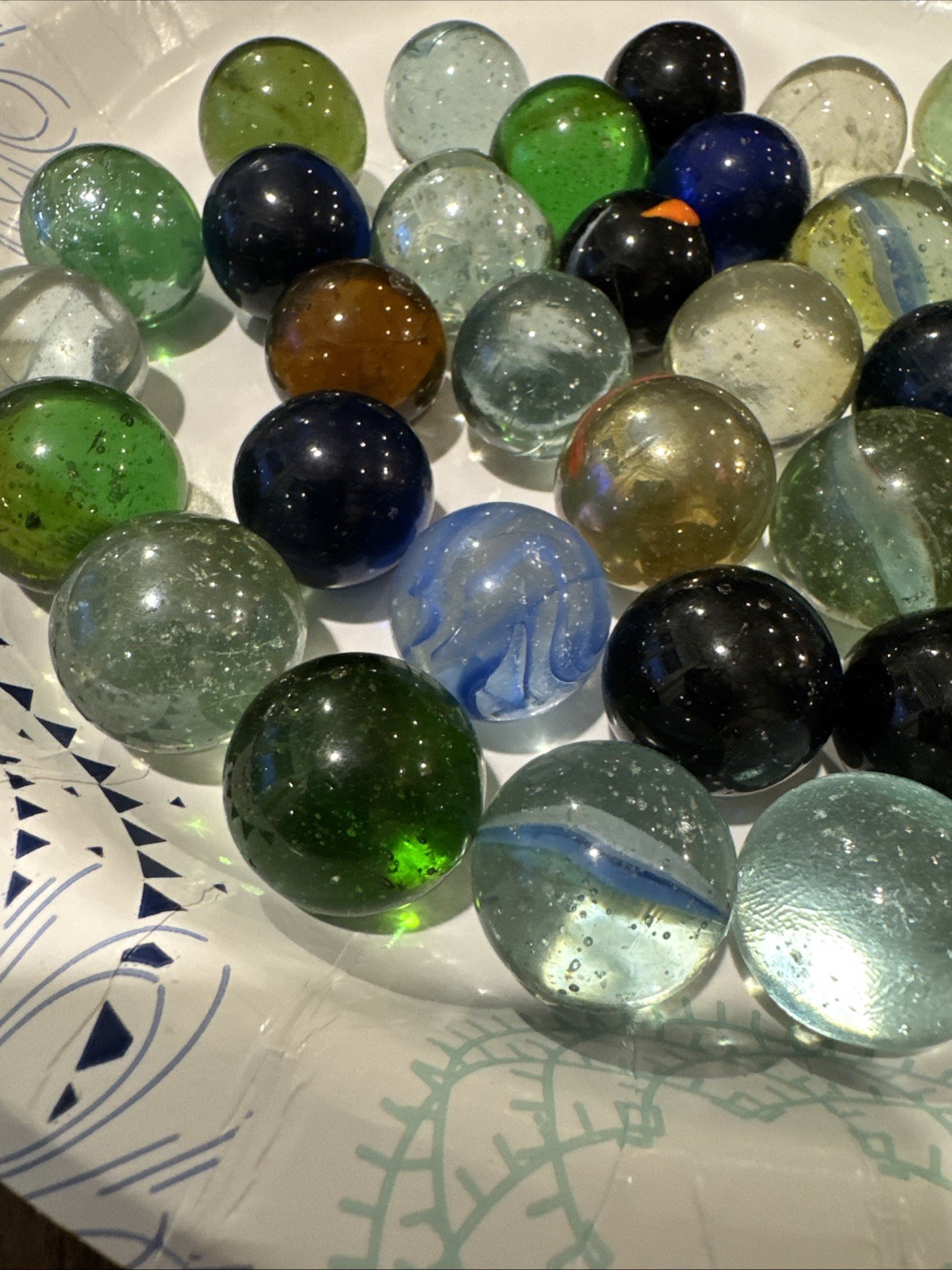 Vintage Glass Marbles Lot Blue Iridescent Clear Swirls Mixed Sizes Lot #6