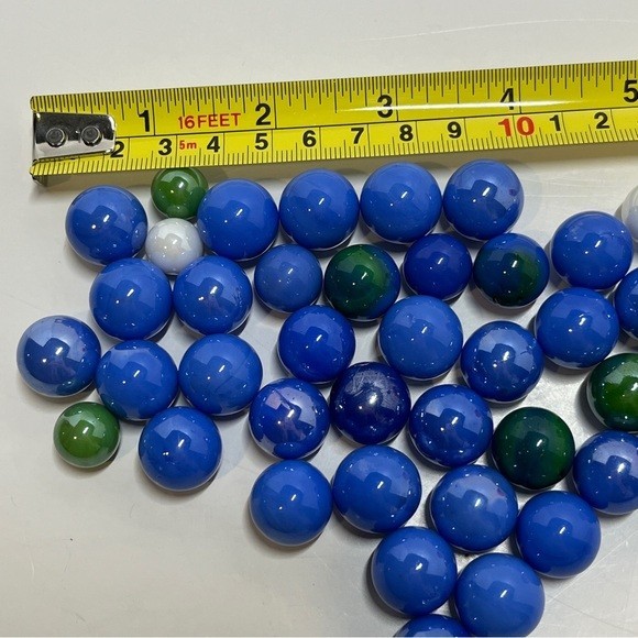 40+ Vintage Glass Marbles Shiny Glossy Blue Green White Solid Colour Lot Swirls